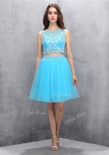 Popular Scoop Sleeveless Backless Blue Organza