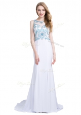 Pretty Chiffon Scoop Sleeveless Brush Train Zipper Beading Prom Dresses in White