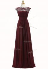 Pretty Scoop Sleeveless Prom Party Dress Floor Length Appliques Burgundy Chiffon