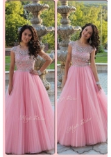 Cheap Scoop Cap Sleeves Prom Party Dress Floor Length Beading Baby Pink Chiffon