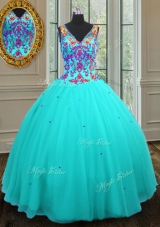Flirting Tulle V-neck Sleeveless Zipper Beading 15 Quinceanera Dress in Aqua Blue