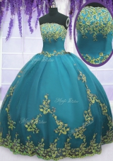 Teal Ball Gowns Appliques Ball Gown Prom Dress Zipper Tulle Sleeveless Floor Length