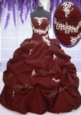Burgundy Ball Gowns Strapless Sleeveless Taffeta Floor Length Lace Up Appliques and Pick Ups 15 Quinceanera Dress