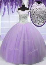 Off the Shoulder Short Sleeves Tulle Floor Length Lace Up Quinceanera Gowns in Lavender for with Beading