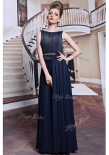 Elegant Floor Length Navy Blue Homecoming Dress Bateau Sleeveless Zipper