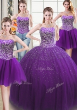 Extravagant Four Piece Purple Ball Gowns Sweetheart Sleeveless Tulle Floor Length Lace Up Beading Quinceanera Gown