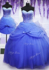 Fitting Three Piece Sleeveless Beading and Bowknot Lace Up Quince Ball Gowns