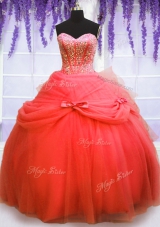 Superior Sweetheart Sleeveless Sweet 16 Dress Floor Length Beading and Bowknot Coral Red Tulle