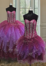 Three Piece Floor Length Multi-color Vestidos de Quinceanera Tulle Sleeveless Beading and Ruffles and Sequins