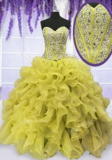 Gold Sleeveless Floor Length Beading and Ruffles Lace Up Quinceanera Dress