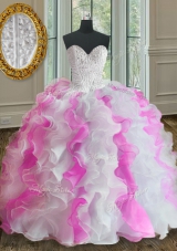 Fantastic Floor Length White and Pink Quince Ball Gowns Organza Sleeveless Beading and Ruffles