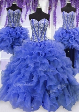 Four Piece Royal Blue Ball Gowns Ruffles and Sequins Quince Ball Gowns Lace Up Organza Sleeveless Floor Length