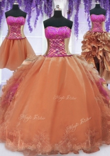 Shining Four Piece Orange Organza Lace Up Quinceanera Dresses Sleeveless Floor Length Embroidery and Ruffles