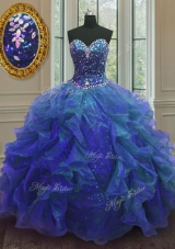 Vintage Blue Lace Up Sweetheart Beading and Ruffles Quince Ball Gowns Organza and Sequined Sleeveless