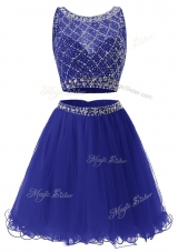 Comfortable Organza Scoop Sleeveless Side Zipper Beading and Belt Evening Dress in Royal Blue