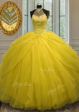 Halter Top Floor Length Gold Quinceanera Gown Tulle Sleeveless Beading