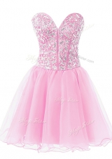 Knee Length A-line Sleeveless Rose Pink Prom Dresses Lace Up