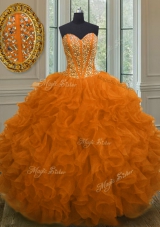Organza Sweetheart Sleeveless Lace Up Beading and Ruffles Quinceanera Dresses in Orange Red
