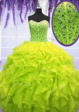 Fantastic Yellow Green Organza Lace Up Sweetheart Sleeveless Floor Length 15th Birthday Dress Beading and Ruffles