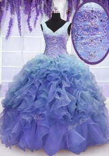 Fine Purple V-neck Lace Up Beading and Embroidery and Ruffles Sweet 16 Dresses Sleeveless