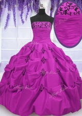 Gorgeous Fuchsia Strapless Neckline Embroidery and Pick Ups Ball Gown Prom Dress Sleeveless Lace Up