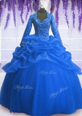 Long Sleeves Floor Length Zipper Quinceanera Dress Blue and In for Military Ball and Sweet 16 and Quinceanera with Sequins and Pick Ups