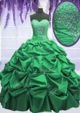 Sweet Floor Length Lace Up Quinceanera Dresses Green and In for Military Ball and Sweet 16 and Quinceanera with Beading and Pick Ups