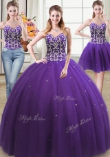 Three Piece Sweetheart Sleeveless Lace Up Ball Gown Prom Dress Purple Tulle