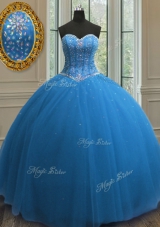 Elegant Tulle Sweetheart Sleeveless Lace Up Beading and Sequins Sweet 16 Quinceanera Dress in Blue