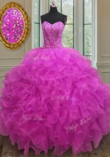 Fuchsia Sleeveless Beading and Ruffles Floor Length Quinceanera Gowns