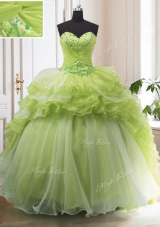 Admirable Yellow Green Organza Lace Up Sweetheart Sleeveless With Train 15th Birthday Dress Sweep Train Beading and Ruffled Layers