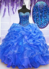 Blue Ball Gowns Beading and Ruffles Sweet 16 Dresses Lace Up Organza Sleeveless Floor Length