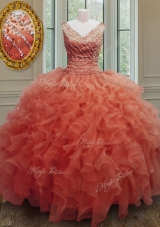 Graceful V-neck Sleeveless Organza 15 Quinceanera Dress Beading and Ruffles Zipper