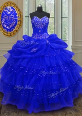 Pick Ups Ruffled Ball Gowns Sweet 16 Quinceanera Dress Royal Blue Sweetheart Organza Sleeveless Floor Length Lace Up