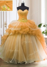 Ruffled Sweep Train Ball Gowns Quinceanera Gown Orange Sweetheart Organza Sleeveless With Train Lace Up