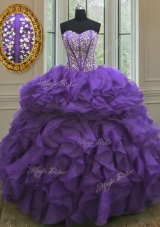 Sweetheart Sleeveless 15 Quinceanera Dress Floor Length Beading and Ruffles Eggplant Purple Organza