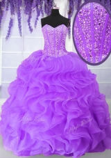 Sweetheart Sleeveless Sweet 16 Quinceanera Dress Floor Length Beading and Ruffles Purple Organza
