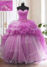 Unique Lilac Organza Lace Up Quinceanera Dress Sleeveless With Train Sweep Train Beading and Ruffled Layers
