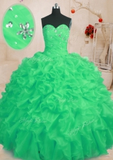 Green Organza Lace Up Sweetheart Sleeveless Floor Length Quinceanera Dresses Beading and Ruffles