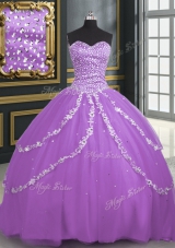 Affordable Lavender Sleeveless With Train Beading and Appliques Lace Up Ball Gown Prom Dress