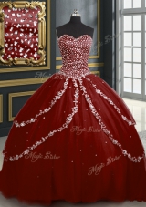Burgundy Ball Gowns Beading and Appliques Ball Gown Prom Dress Lace Up Tulle Sleeveless With Train