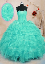 Cheap Turquoise Organza Lace Up Sweet 16 Quinceanera Dress Sleeveless Floor Length Beading and Ruffles and Hand Made Flower
