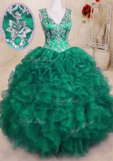 Organza V-neck Sleeveless Zipper Beading and Embroidery and Ruffles Sweet 16 Dresses in Dark Green