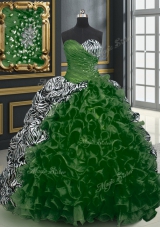 Printed Dark Green Sweetheart Neckline Beading and Ruffles and Pattern Ball Gown Prom Dress Sleeveless Lace Up