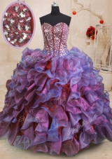 Beautiful Floor Length Lace Up Sweet 16 Dress Multi-color and In for Military Ball and Sweet 16 and Quinceanera with Beading and Ruffles