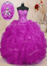 Chic Fuchsia Sleeveless Floor Length Beading and Ruffles Lace Up 15 Quinceanera Dress