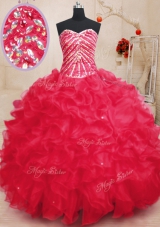 Coral Red Ball Gowns Organza Sweetheart Sleeveless Beading and Ruffles and Sequins Floor Length Lace Up Quinceanera Gown