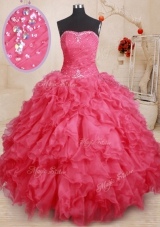 New Arrival Coral Red Organza Lace Up Vestidos de Quinceanera Sleeveless Floor Length Beading and Ruffles