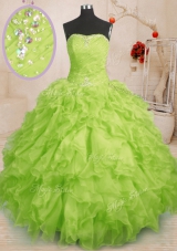 Noble Ball Gowns Quinceanera Dress Yellow Green Strapless Organza Sleeveless Floor Length Lace Up