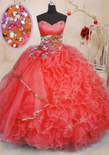 On Sale Sweetheart Sleeveless Quinceanera Gown Floor Length Beading and Ruffles Coral Red Organza